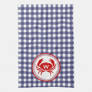 Toalla de Cocina de Gingham azul y cangrejo monogr