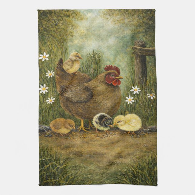 Toalla de cocina de granja con gallina y pollitos (Vertical)