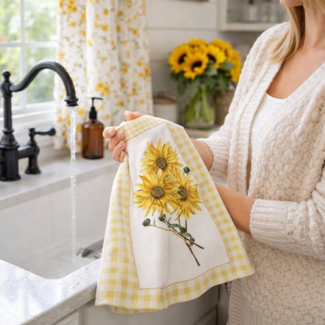 Toalla de cocina de granja con girasoles (Sunflower farmhouse kitchen towel perfect for housewarmings, bridal shower gift bags, and more.”)