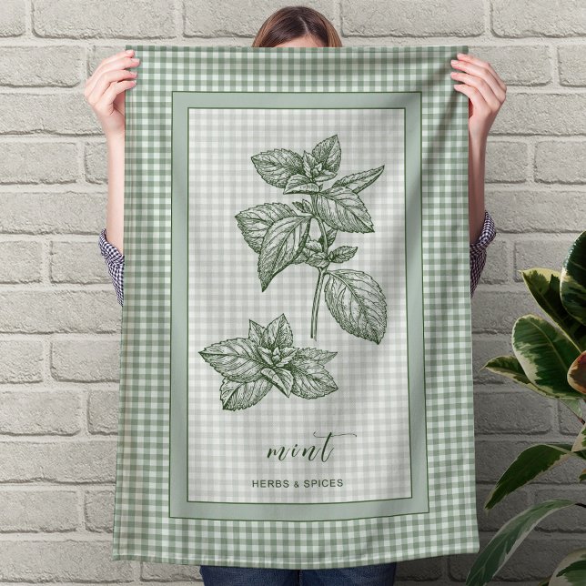 Toalla de cocina de hierbas de menta – Borde de gi (Mint Herb Kitchen Towel – Green Gingham Border)