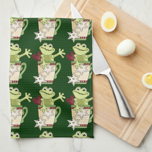 Toalla de cocina de la taza de la rana del navidad (Doblado Cuarto)