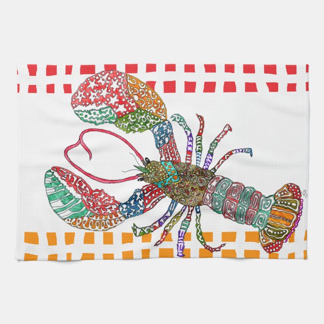 Toalla de cocina de langosta crustáceo acuarela (Horizontal)