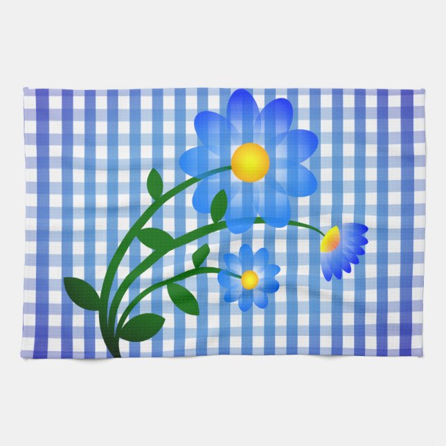 Toalla de cocina de las flores azules de Gingham (Horizontal)