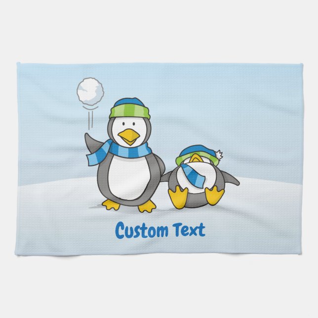 Toalla de cocina de los pingüinos de Snowballing (Horizontal)