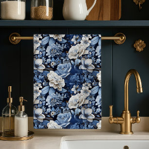 Toalla de cocina de lujo floral marfil azul elegan