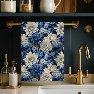 Toalla de cocina de lujo floral marfil blanco azul