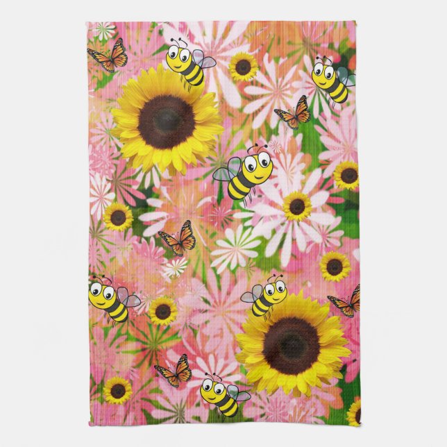 Toalla de cocina de mariposa abeja girasol (Vertical)