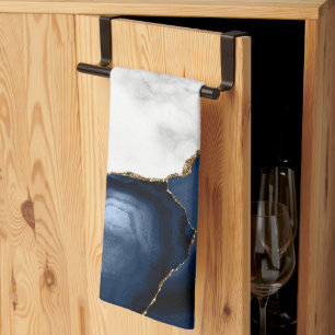 Toalla de cocina de mármol blanco ágata azul marin