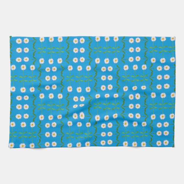 Toalla de cocina de moda: Daisies sobre Verde azul (Horizontal)