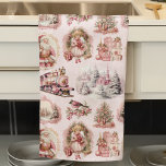 Toalla de cocina de Navidades victorianos de color<br><div class="desc">Antiguo Navidades de color rosa victoriano Toalla de cocina — Esta encantadora y única toalla de cocina de vacaciones presenta un delicado diseño de patrón sin fisuras, de suave color rosa, marfil, crema, rosa y ilustraciones temáticos de los Navidades de la época victoriana de antaño, sobre un suave fondo rosado...</div>