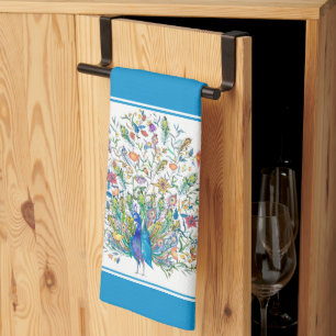 Toalla de cocina de pavoreal floral acuarela