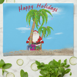 Toalla de cocina de Santa navideño tropical y palm