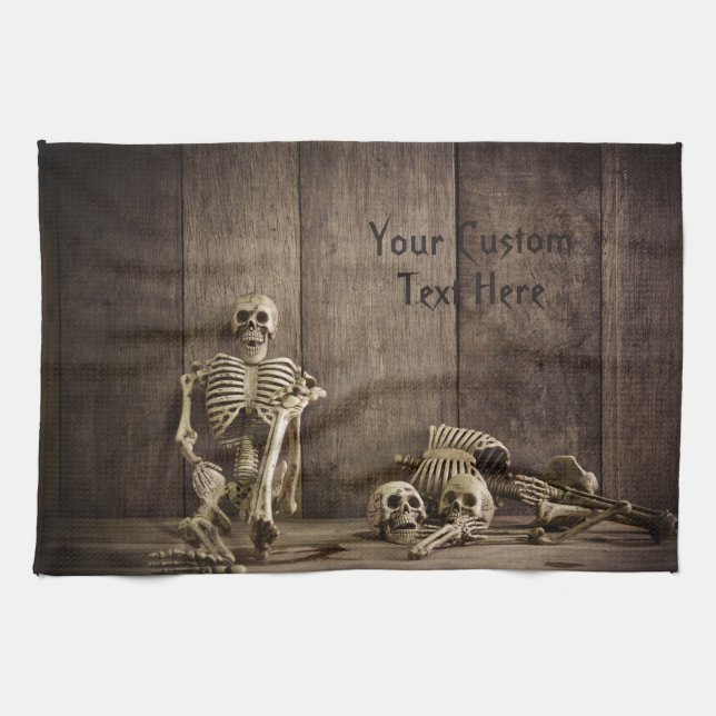 Toalla de cocina de texto personalizado Skeletons (Horizontal)