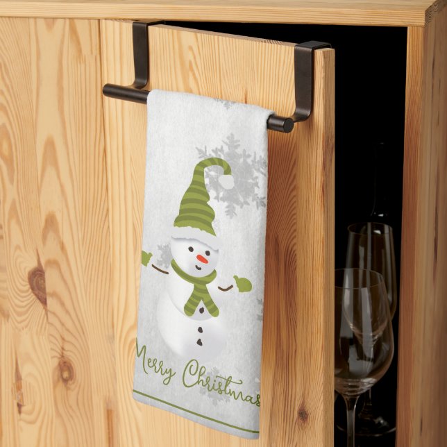 Toalla de cocina de vacaciones Green Cute Snowman (Pliegue de tercios)