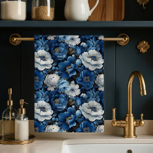 Toalla de cocina decorativa floral de marfil azul