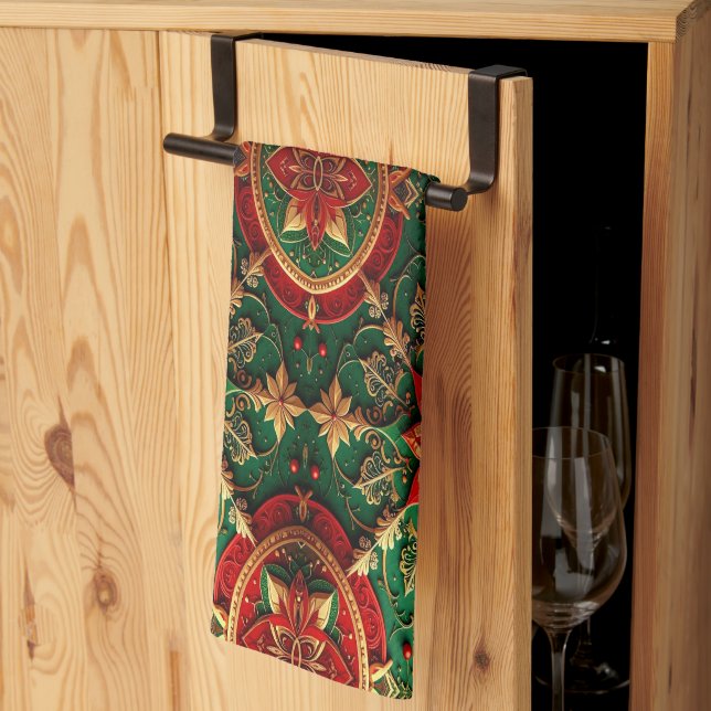 Toalla de cocina decorativa navideña roja y verde (Pliegue de tercios)