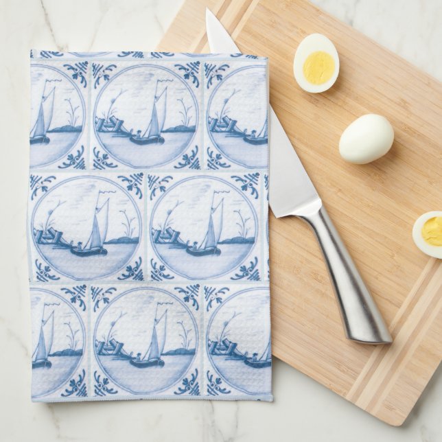 Toalla de cocina del patrón de velero de Delft bla (Doblado Cuarto)