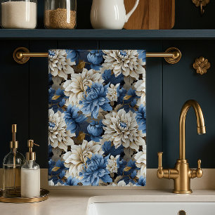 Toalla de cocina elegante floral azul marfil chic