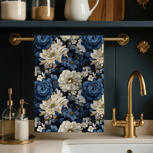 Toalla de cocina elegante floral azul marfil de di
