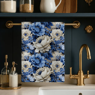 Toalla de cocina elegante floral marfil azul de lu