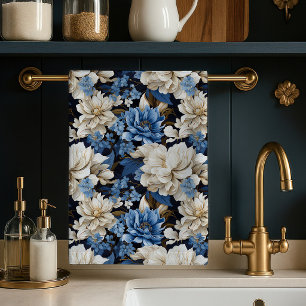 Toalla de cocina elegante floral marfil azul de mo