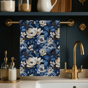 Toalla de cocina elegante floral marfil azul hermo
