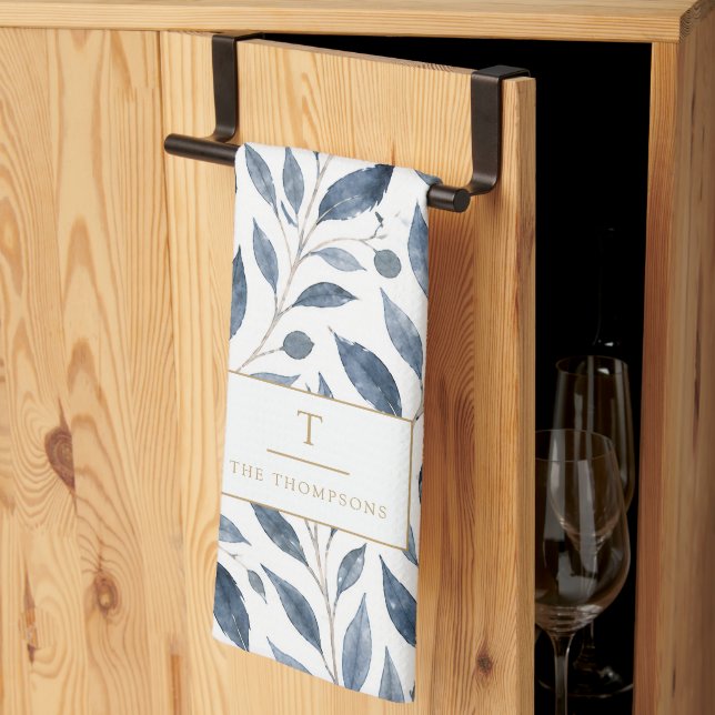 Toalla de Cocina Elegante Personalizada Blue Leaf (Pliegue de tercios)