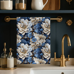 Toalla de cocina floral azul blanco marfil Chic Cl