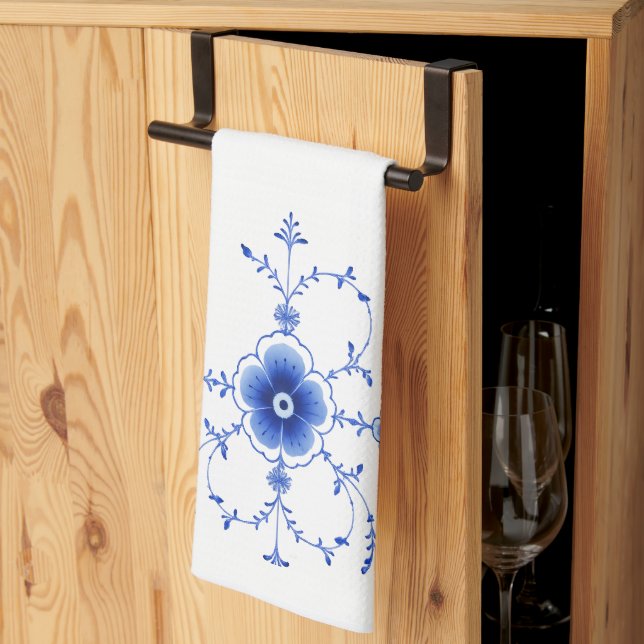 Toalla de cocina floral azul escandinava (Pliegue de tercios)
