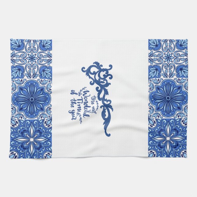 Toalla de cocina floral azul-ornamental - (Horizontal)