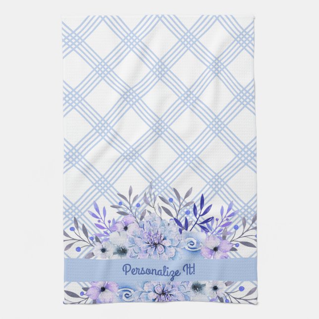 Toalla de cocina floral azul PERSONALIZADA (Vertical)