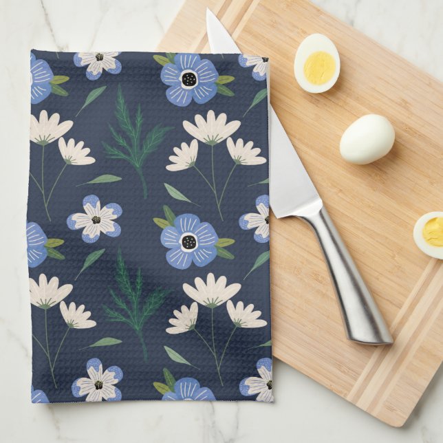 Toalla De Cocina Floral Azul Y Blanca (Doblado Cuarto)