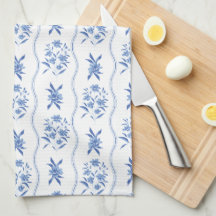 Toalla de cocina floral azul y blanca elegante