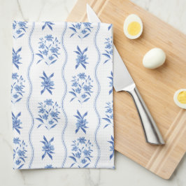 Toalla de cocina floral azul y blanca elegante