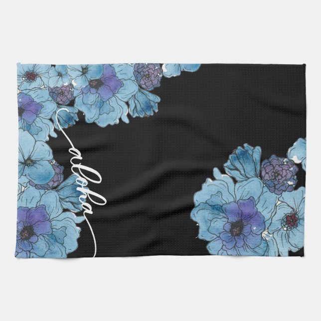 Toalla de cocina floral de Blue Aloha (Horizontal)