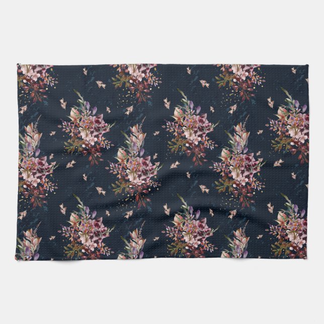 Toalla de cocina floral de otoño de Navy (Horizontal)