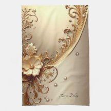 Toalla de cocina floral dorada ornamentada