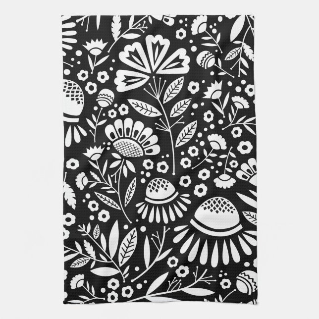 Toalla de cocina floral geométrica blanco y negro (Vertical)