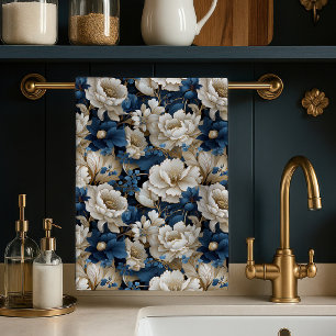 Toalla de cocina floral marfil blanco azul opulent