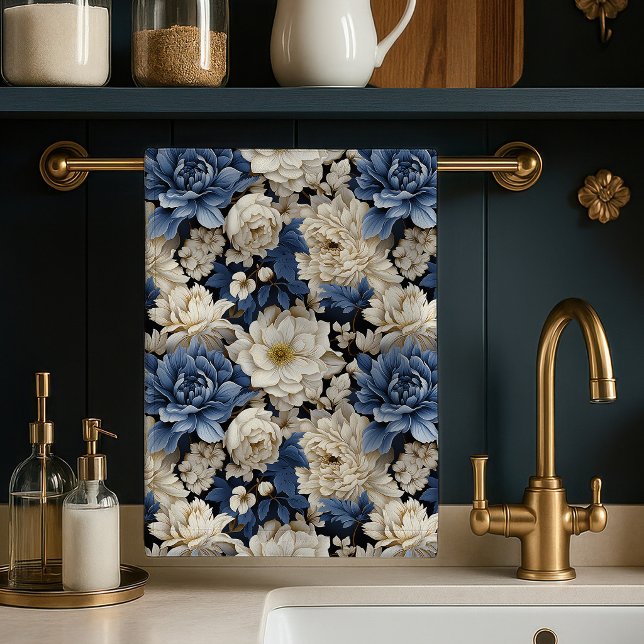 Toalla de cocina floral marfil blanco azul premium (Premium Blue White Ivory Floral Kitchen Towel Decor)