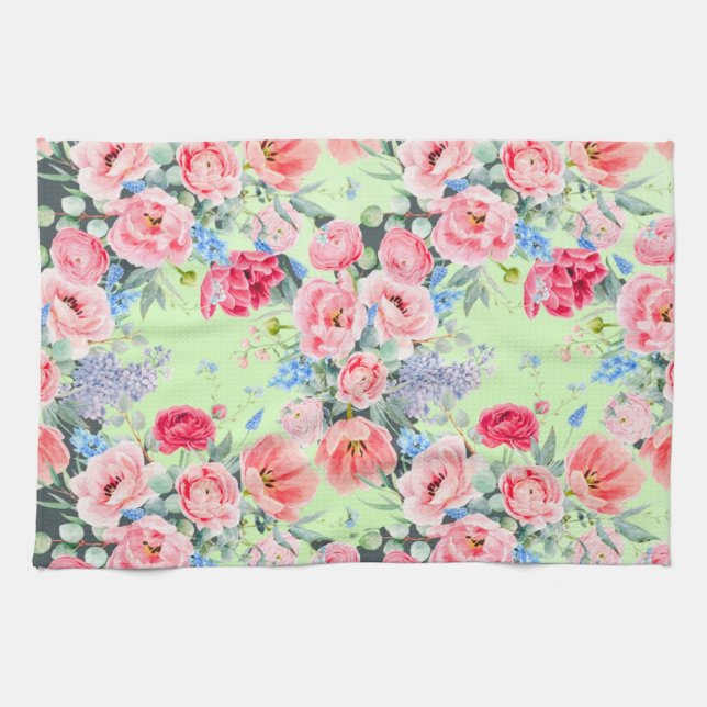 Toalla de cocina floral rosa verde suave (Horizontal)