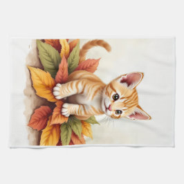 Toalla de Cocina Gatito en Montón de Hojas