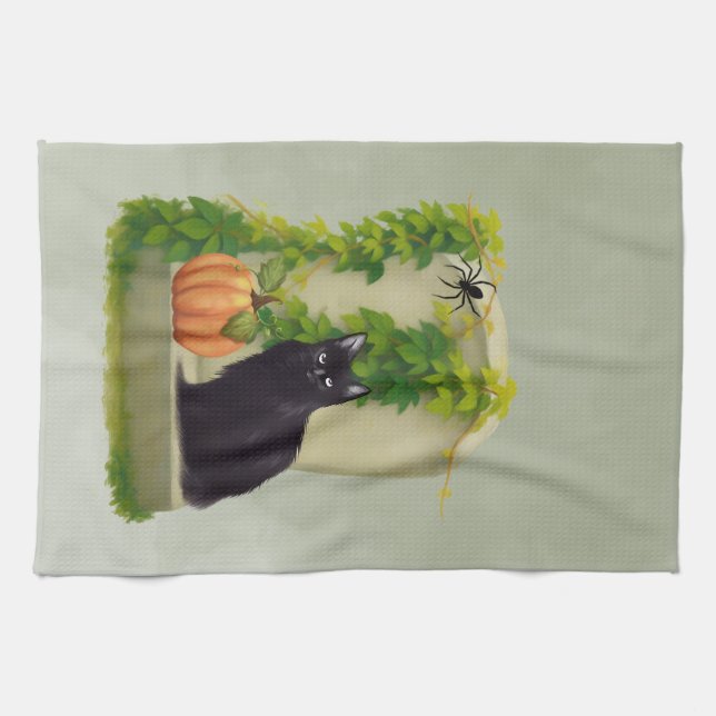 Toalla de cocina gato negro de Halloween  (Horizontal)