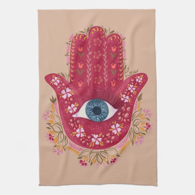 Toalla de cocina Hamsa Hand_Magenta_Cream (Vertical)