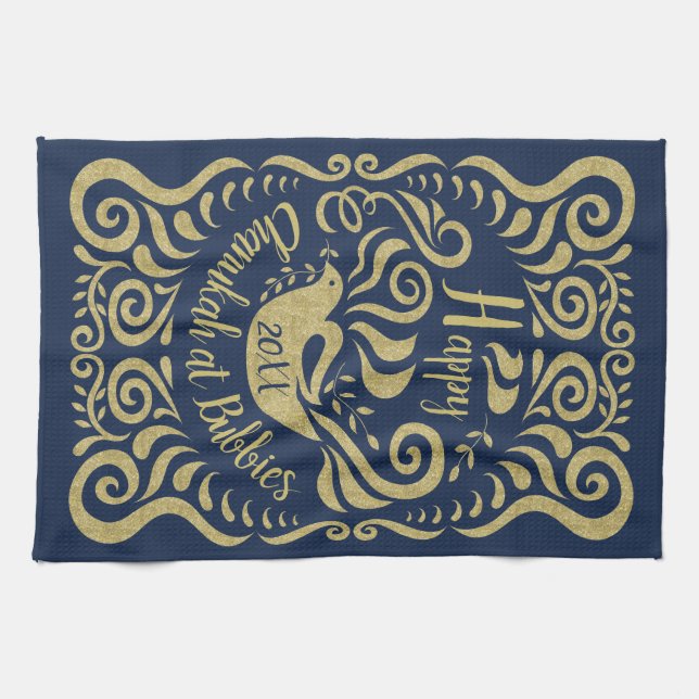 Toalla de cocina "Happy Chanukah Blackboard Dove" (Horizontal)