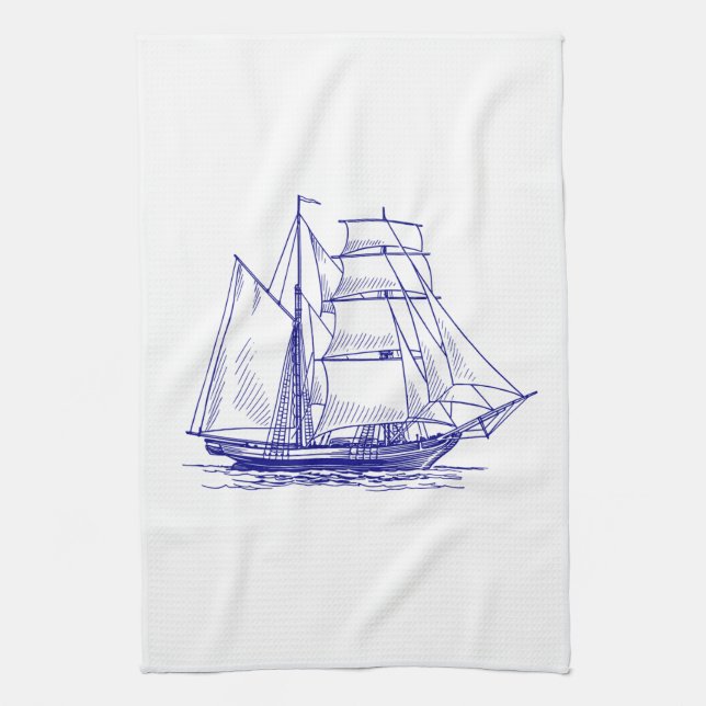 Toalla de cocina moda barco de vela azul náutico (Vertical)