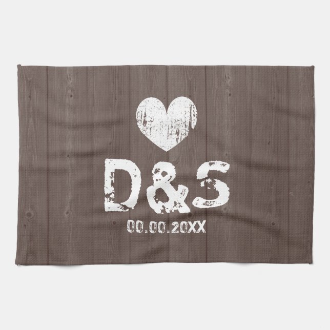 Toalla de cocina monograma de grano de madera marr (Horizontal)