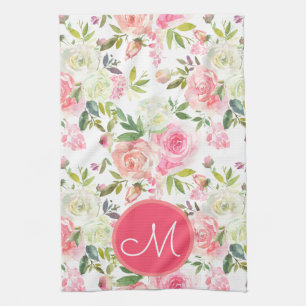 Toalla de cocina monograma floral de rosas rosadas