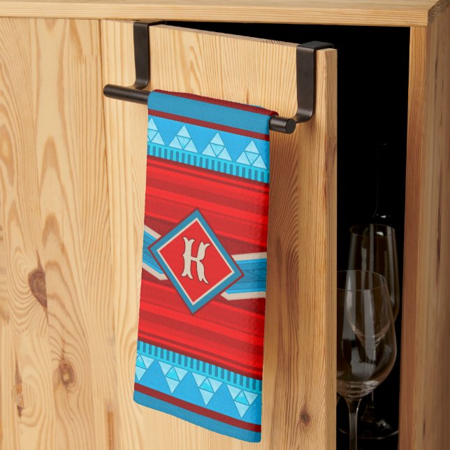 Toalla de cocina monogramada con turquesa roja del (Pliegue de tercios)
