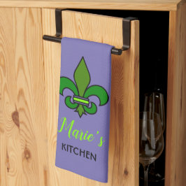 Toalla de cocina Morado Fleur de Lis de Mardi Gras